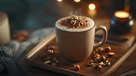 A warm and frothy hazelnut mocha served in a ceramic cup, topped with cocoa powder and crushed hazelnuts on a wooden tray.の素材
