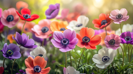 A vibrant field of colorful anemone flowers in full bloom, with red, pink, purple, and white petals swaying in the breeze. A stunning natural floral scene.の素材