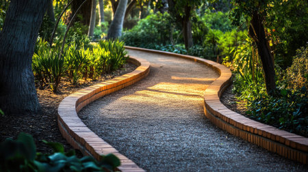 A winding park path disappears into lush greenery, creating an inviting and open natural composition.の素材