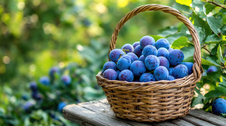 A wicker basket filled with juicy, ripe blue plums sitting on a vintage wooden table in a lush green garden. Organic summer fruit harvest.の素材
