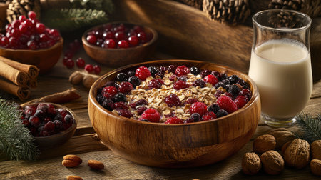 A vibrant food photography shot of a muesli breakfast bowl with mixed berries, nuts, and a glass of fresh milk.の素材