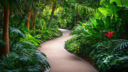 A winding park path disappears into lush greenery, creating an inviting and open natural composition.の素材