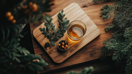 A wooden board with fresh seaberries, a small dish of sea buckthorn oil, and a glass of infused tea for a health-focused aesthetic.の素材
