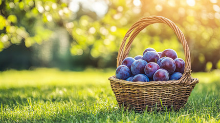 A wickerwork basket overflowing with ripe blue plums, resting on a grassy lawn in a summer orchard. Fresh organic harvest concept in natural sunlight.の素材