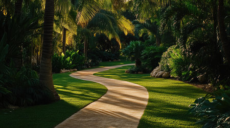 A well-kept pathway cuts through a beautiful green park, shaded by tall trees and nature's beauty.の素材