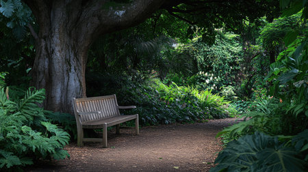 A wooden bench sits peacefully under a large tree in the Royal Botanic Gardens, London, surrounded by lush greenery.の素材
