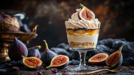 Aesthetic dessert presentation with a glass of parfait, fresh fig slices, and soft cream layers, styled for a cozy atmosphere.の素材