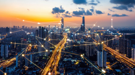 Abstract AI city with neon glowing pathways, interconnected data points representing big data in a futuristic urban environmentの素材