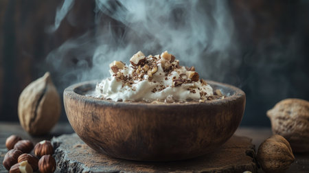 Aesthetic food photography of a steaming hazelnut mocha, topped with whipped cream and sprinkled with toasted hazelnuts.の素材