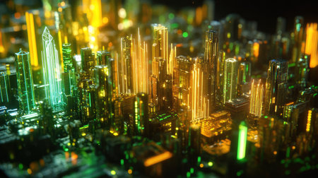 Abstract city of the future with connected data points, glowing gradient network lines forming an intelligent AI-driven infrastructureの素材