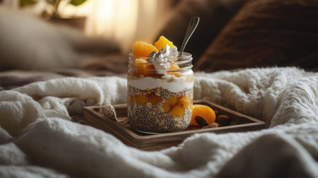 Aesthetic breakfast scene with overnight oatmeal, chia seeds, and fruits in a glass jar, placed on a wooden tray.の素材