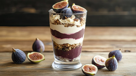 Aesthetic breakfast or dessert parfait with figs and cream, elegantly arranged in a glass, placed on a wooden table.の素材