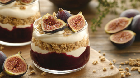 Aesthetic dessert photography featuring a fig parfait in a glass, layered with smooth cream and ripe fig slices.の素材