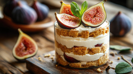 Aesthetic dessert presentation with a glass of parfait, fresh fig slices, and soft cream layers, styled for a cozy atmosphere.の素材