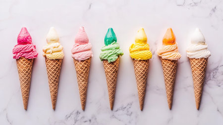 Aesthetic arrangement of assorted ice cream cones, featuring classic and exotic flavors, placed on a marble countertop.の素材