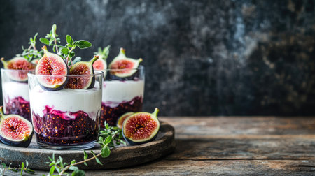 Aesthetic breakfast or dessert parfait with figs and cream, elegantly arranged in a glass, placed on a wooden table.の素材