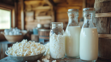 Aesthetic food photography featuring fresh cottage cheese, yogurt, and milk in glass bottles on a farmhouse-style table.の素材