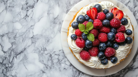 Aesthetic food photography of a rich New York cheesecake, topped with whipped cream and fresh berries, placed on a marble surface.の素材