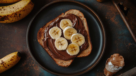 Aesthetic food photography featuring toast with smooth chocolate spread and banana slices, styled with warm tones.の素材
