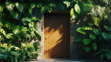 Modern tropical villa entrance covered with monstera, palm, and ferns climbing across the wallの素材