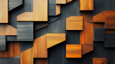 Modern wooden wall with an abstract geometric design, featuring alternating light and dark wood panels for a stylish decorative backgroundの素材