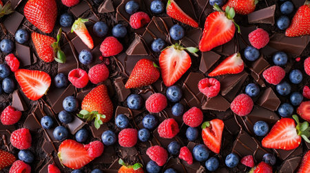 Moist chocolate cake with chocolate drizzle and a vibrant mix of strawberries, blueberries, and raspberries, captured from above.の素材
