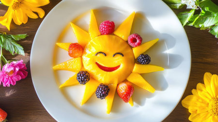 A playful arrangement of fruit creates a cheerful sun designed with mango, berries, and bright flowers, perfect for inspiring happiness and creativity.の素材