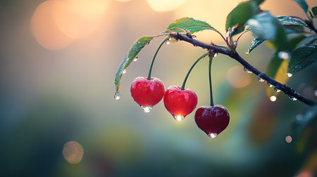 Three vibrant cherries clinging to a branch, glistening with water droplets. This beautiful scene captures the essence of nature's bounty at sunset.の素材