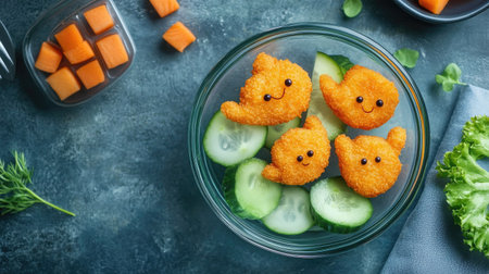 Whimsical fish-shaped snacks sit atop fresh cucumber slices in a clear bowl, creating a vibrant and playful dining experience perfect for kids and gatherings.の素材