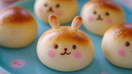 This charming image features cute bunny-shaped steamed buns, each with a delightful smile, presented on a vibrant blue plate, perfect for dessert lovers.の素材
