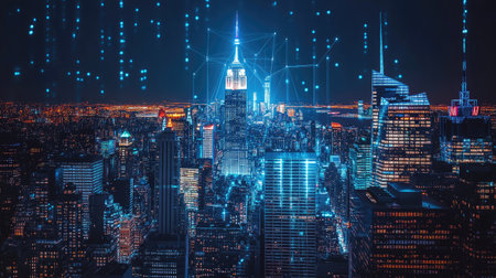 A vibrant night view of a city skyline enhanced with digital connectivity elements, showcasing a modern urban landscape filled with illuminated skyscrapers.の素材