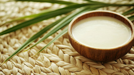 A wooden bowl filled with creamy texture rests on a woven surface, surrounded by green leaves. This image evokes a sense of natural wellness and tranquility.の素材