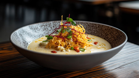 A beautifully presented gourmet soup featuring a crispy topping and fresh herbs. Ideal for showcasing culinary artistry and fine dining experiences.の素材