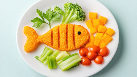 A playful fish-shaped meal featuring vibrant orange fish, bright broccoli, and colorful vegetables arranged artfully on a white plate, ideal for promoting healthy eating.の素材