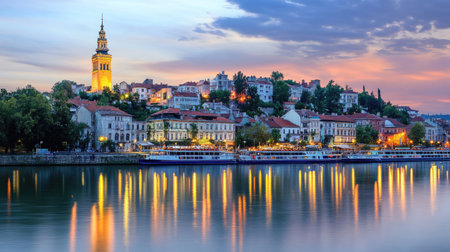 A captivating view of the Belgrade skyline at dusk, showcasing the stunning architecture, glowing lights, and tranquil water reflections, perfect for travel photography.の素材