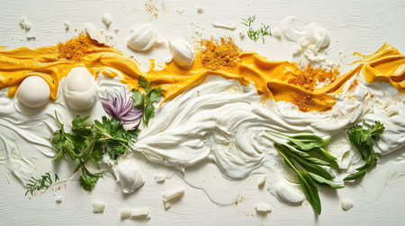 Abstract food art with Khao Soi ingredients scattered artistically, featuring turmeric, curry powder, coconut milk, and fresh herbsの素材