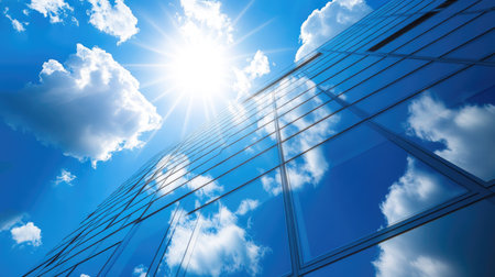 Abstract mirrored reflections on a skyscraper's glass surface, sunbeams shining, modern business real estate concept, deep blue sky backgroundの素材