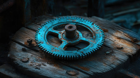 Aged metal gear with signs of rust and wear lying on a rough wooden surface, macro shot capturing intricate details of timeworn machineryの素材