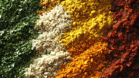 Abstract food photography of Khao Man Gai, focusing on the rich color contrast between the rice, chicken, coriander, and sauceの素材
