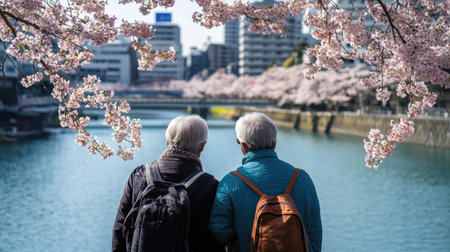 An elderly couple strolling along the Kannonjigawa River, enjoying the last days of cherry blossom season in Fukushima.の素材