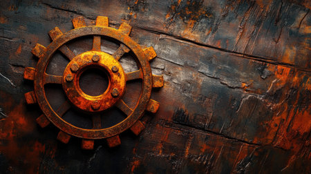 Aged metal cogwheel covered in rust and patina on a wooden tabletop, warm lighting adding a nostalgic industrial feelの素材