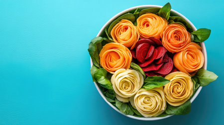 Artistic overhead view of a gourmet beet salad with a decorative pancake bouquet resembling roses bold, vibrant colors and modern styling make a statementの素材