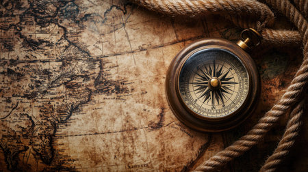 Aged magnetic compass and twisted rope on an explorer's map of the North Pole, vintage adventure and navigation conceptの素材