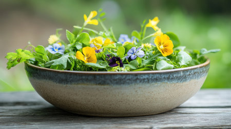 Artistic presentation of flower and mche salad in handcrafted ceramic bowl, floral colors pop against neutral backgroundの素材