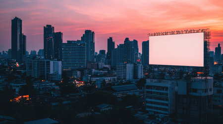 Blank billboard mounted on a high-rise in Thailand, overlooking the city skyline at dusk, clear advertising space for branding mockupsの素材