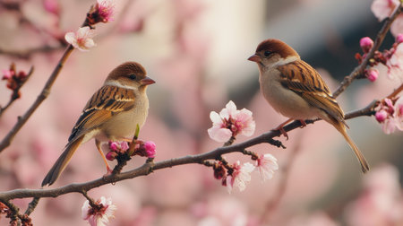 Birds perched on peach blossom branches near Hikichi Bridge, enjoying the warmth of springtime in Niyodogawa.の素材