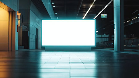 Blank digital screen at an airport terminal, white glowing light box placed near moving walkways, futuristic modern transportation hubの素材