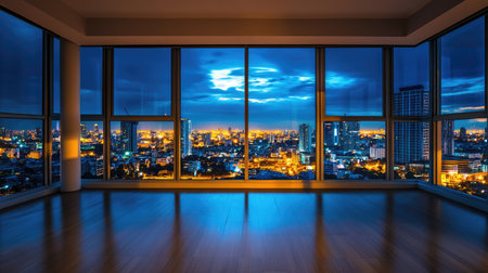 Breathtaking night view from an empty luxury apartment, full-height glass windows, Bangkok's skyline glowing with city lights, elite real estateの素材