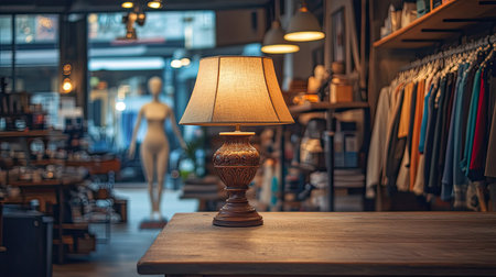 A cozy and warm thrift store counter with a decorative lamp on a wooden table, a mannequin, and clothing racks in the background.の素材