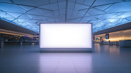 Bright empty light box at an airport information counter, white glowing ad space, high ceiling and modern architecture in backgroundの素材